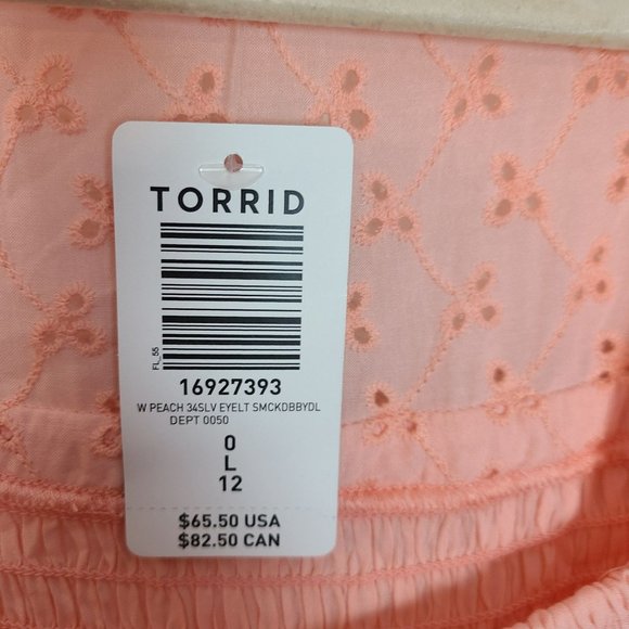 Torrid Womens 0X Peach 3/4 Sleeves Voile Eyelet Smocked Babydoll Blouse Top NWT - Picture 8 of 11